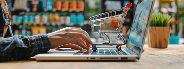Wall Mural - Online shopping on laptop: Person browsing products on a laptop for e-commerce.