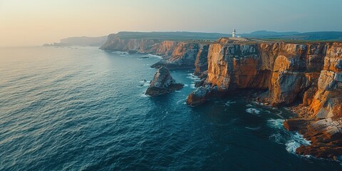 Wall Mural - Aerial View of Rugged Cliffs and a Lighthouse