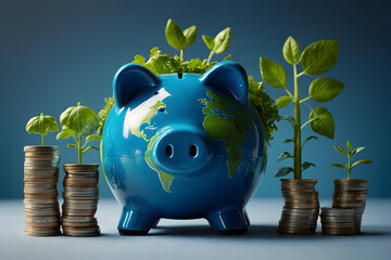 Wall Mural - A blue piggy bank with earth background as a concept for saving the earth