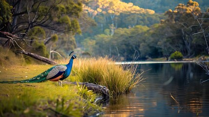 Wall Mural - Peacock on a meadow at cataract gorge reserve a river gorge by the cit