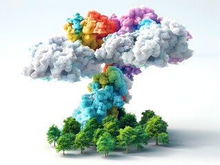 Wall Mural - Vibrant Multicolored Clouds Forming the Number 7 Over a Lush Forest on White Background