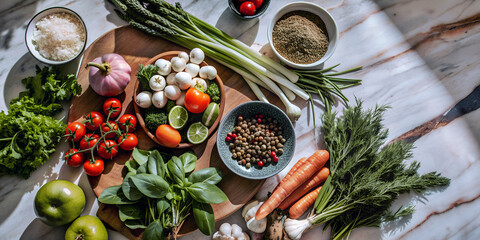 Fresh summer vegetables, aromatic herbs and spices are laid out on the kitchen table and ready for breakfast. The concept of delicious and healthy food, summer, seasonal meal

