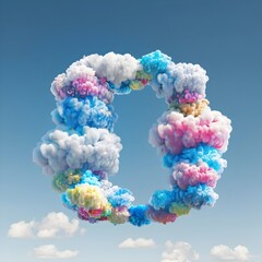 Wall Mural - Whimsical, Colorful 3D Rendered Clouds Forming the Number 0 Against a Bright Blue Sky