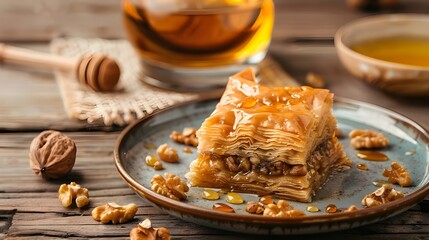 Traditional middle east sweet dessert baklava with honey syrup and almonds