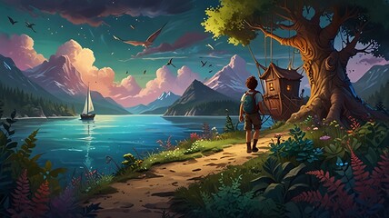 Wall Mural - A whimsical digital painting depicting two friends embarking on an adventurous journey through a fantastical landscape. They navigate through enchanted forest. Generative Ai.