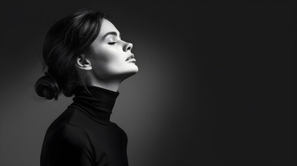 Wall Mural - Black and white fashion art studio portrait of beautiful elegant woman in black turtleneck Hair high beam perfect profile face Elegant beauty style : Generative AI