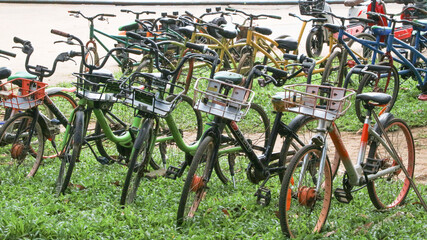 bicycle parked in blue field