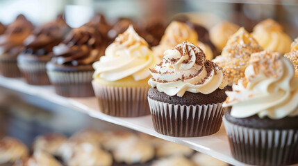 Close-up shot of a variety of cupcakes with different frostings, displayed in a bakery case