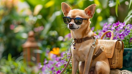 Wall Mural - rtrait of brown chihuahua dog wearing sunglasses sitting with straw bag and backpack in the garden with purple flowers