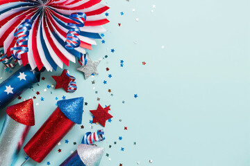 Happy Independence Day, 4th of July banner mockup with paper fans and firework rockets on light blue background. USA Independence Day, American Labor day, Presidents Day concept