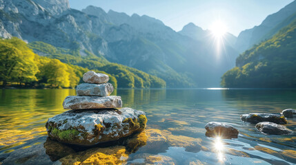 A stone cairn sits on a rock by the edge of a serene mountain lake at sunset