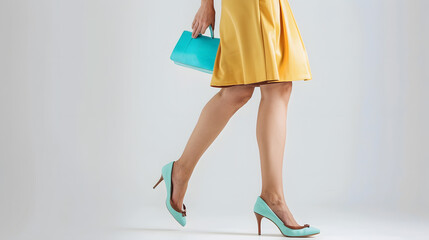 Wall Mural - Beautiful female legs wearing summer shoes in brown yellow designers dress and blue mint woman clutch bag on white background : Generative AI