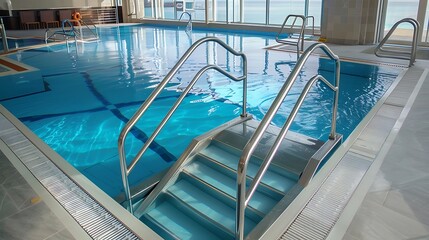 Wall Mural - Stainless steel natatorium swimming pool ladder with hand rails at in inside public swimming pool