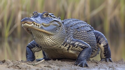 Wall Mural - the alligator is a large reptile with a hard skin that lives in and near rivers and lakes in the hot