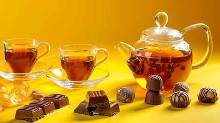 Wall Mural - Two glass cups and teapot with black tea and chocolate candies on yellow background