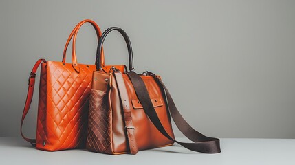 two stylish women bags orange and brown on gray background