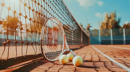Wall Mural - Two tennis rackets and balls leaned against the net
