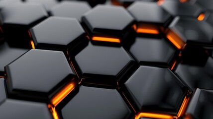 Wall Mural - Abstract 3D rendering of glossy black hexagonal tiles with orange glowing edges. Digital art of geography shape with black color and made from iron material. Futuristic and technology concept. AIG53F.