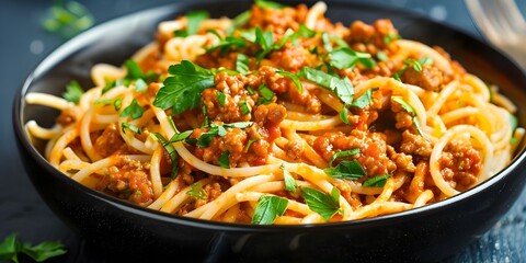 Wall Mural - Savory spaghetti Bolognese topped with fresh herbs in a black bowl. Concept Italian Cuisine, Pasta Recipes, Bolognese Sauce, Fresh Herbs, Food Presentation