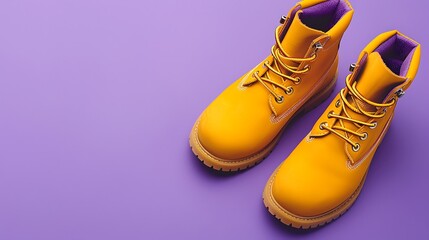 Wall Mural - Yellow boots isolated on purple background