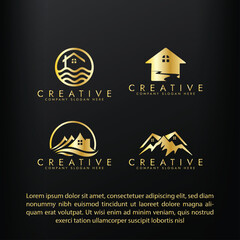 Home Mountain Landscaping Nature golden Logo Mountain lake home River Real Estates logo 