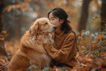 `Asian girl with dog in autumn forest, hugging and kissing her golden retriever sitting on her lap`