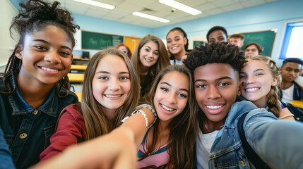 copy space, stockphoto, multiracial high school students taking a selfie in a classroom. Students with different ethnic background in school. Selfie portrait. Happy students together. Back to school t