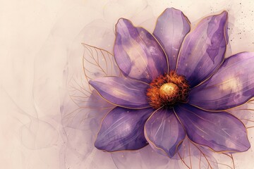 Wall Mural - Simple purple flower illustration with a golden outline on a isolated pastel background Copy space for decor