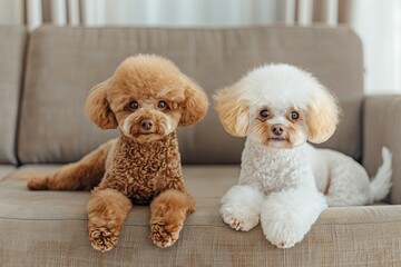 Photography of two adorable toy poodle dogs sitting on the sofa, one brown and the other white with yellow ears like a Bichon Frise dog. The living room has a modern design with elements in pastel col