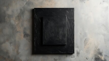 Two black square frames nested together on a gray concrete wall