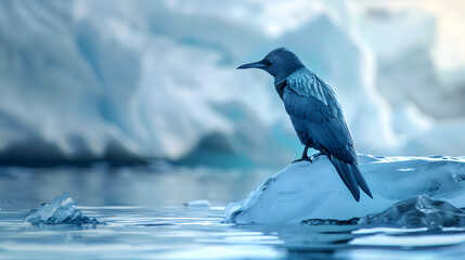 A cute bird standing on ice near an iceberg in a blue and white winter scene