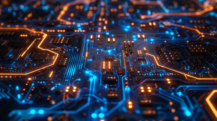 Wall Mural - Close-up of a glowing circuit board with blue and orange lights, representing technology and electronics advancements.