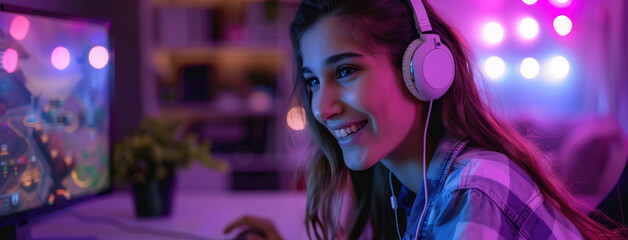 Wall Mural - A young woman wearing white earphones is playing video games on her computer in front of purple lights, smiling and having fun while sitting at the table