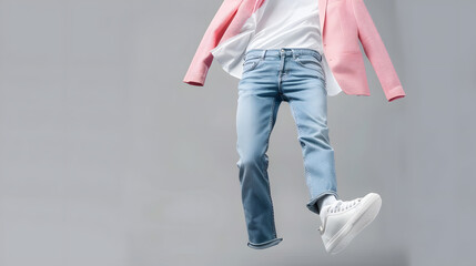 Wall Mural - White flying cotton Tshirt blue jeans white leather sneakers fashionable pink blazer jacket isolated on gray background Clean Branding clothes Mock up for your design Spring Summer Clo : Generative AI