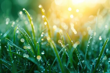 Wall Mural - A close-up photograph of dew drops glistening on blades of grass, bathed in the warm glow of the morning sun