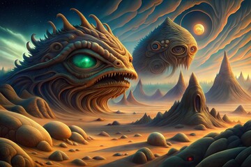 Sticker - alien landscape with alien and alien in the night