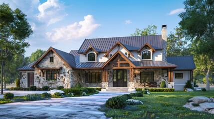 Wall Mural - Farmhouse Villa with Stone Accents and Blue Sky 