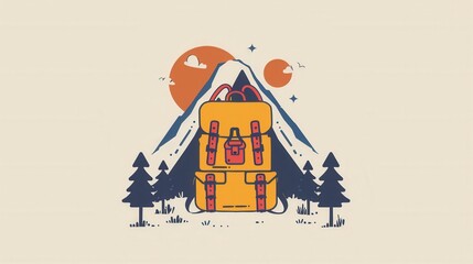 Aufkleber - A minimalist illustration featuring a stylized backpack against a backdrop of a mountain and sunset, symbolizing travel and adventure. Generative AI