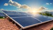 © Shehzad - Photovoltaic power panel for roofs, solar energy system for homes, green house environmental industries. Building panels powered by solar energy, electric engineers in the future, environment, sunsets