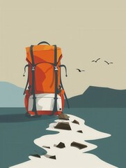Aufkleber - A stylized illustration of an orange backpack resting on a rocky shore, against a simple background, symbolizing travel and adventure. Generative AI
