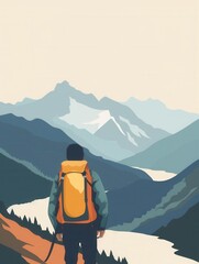 Aufkleber - A stylized illustration of a lone hiker with a backpack overlooking a beautiful valley in the mountains. Generative AI