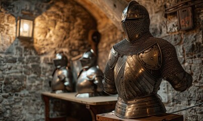 A medieval knight's armor set displayed on a wooden stand in a dimly lit stone room