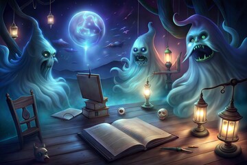 Canvas Print - halloween night scene of magic forest with a scary house,witch and ghosts