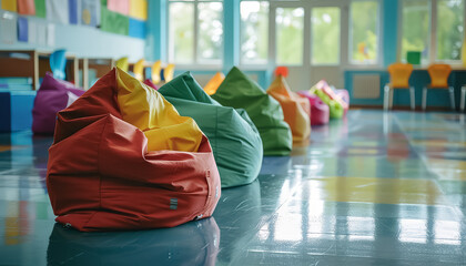 Poster - A library with orange bean bags and colorful shelves