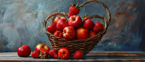 Design a compelling low-angle shot of a heart-shaped fruit basket overflowing with vibrant red apples and strawberries