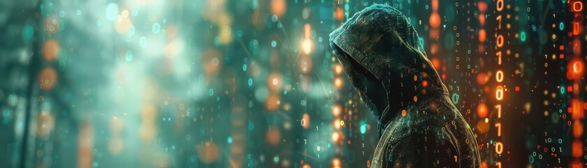 An abstract representation of digital data encryption with a hooded figure and binary code abstract digital encryption datum hooded figure binary code technology privacy cyberspace