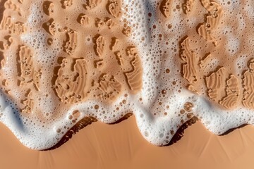 Wall Mural - Golden Sand and Foam Texture. close-up of white foam bubbles on a golden sandy surface, creating an abstract texture reminiscent of sea foam on a beach. Perfect for backgrounds, nature abstract themes