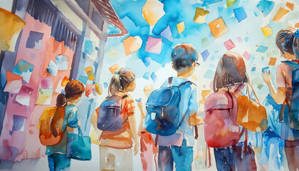 Wall Mural - A group of children are walking down a path with a school bus behind them