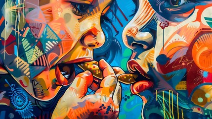 A baby eating food with their mother, in a bold and dynamic street art style with bright colors