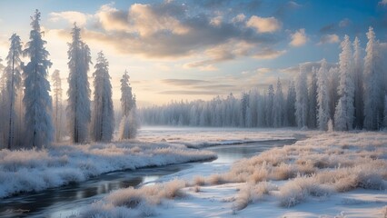 Poster - A captivating winter scene showing the boreal forest in the frosty winter weather